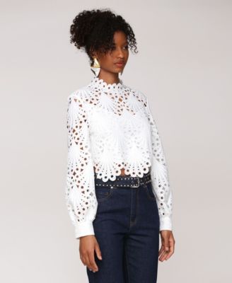 Women's High Neck Eyelet Top