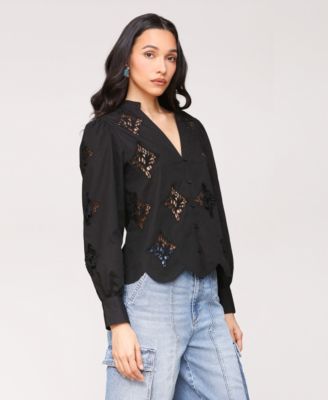 Women's Puff Sleeve Cropped Lace Scallop Button Up Blouse