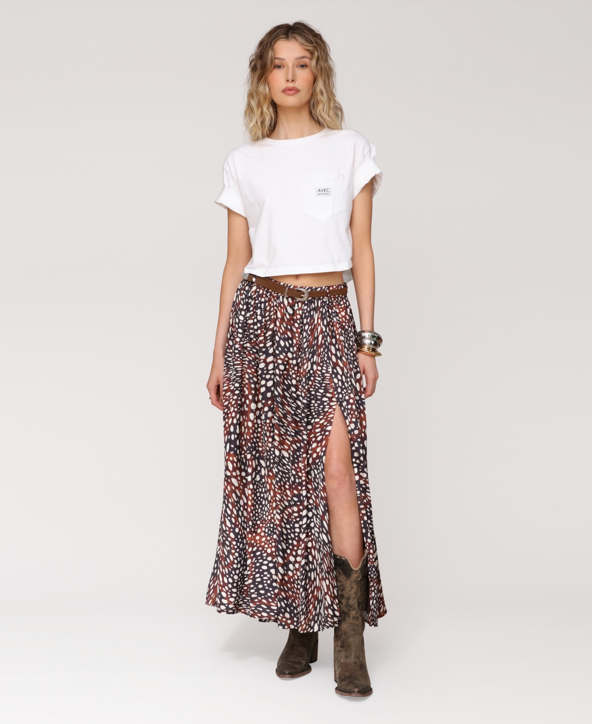 Avec Les Filles Belted Slit Maxi Skirt In Multi