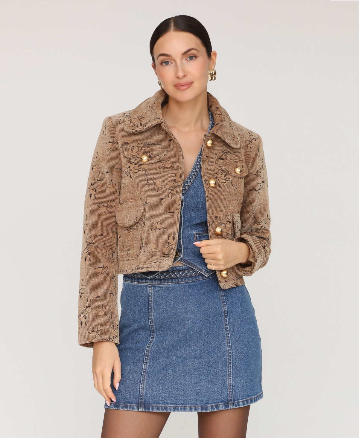 Avec Les Filles Crop Corduroy Jacket In Brown