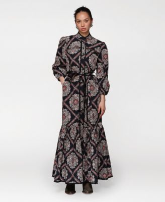 Women's Belted Puff-Shoulder Maxi Dress