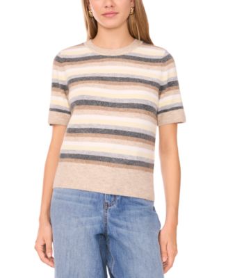 Women's Multi Color Stripe Short Sleeve Crewneck Sweater