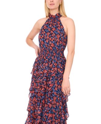 Women's Printed Smocked Cascade-Ruffle Halter Maxi Dress