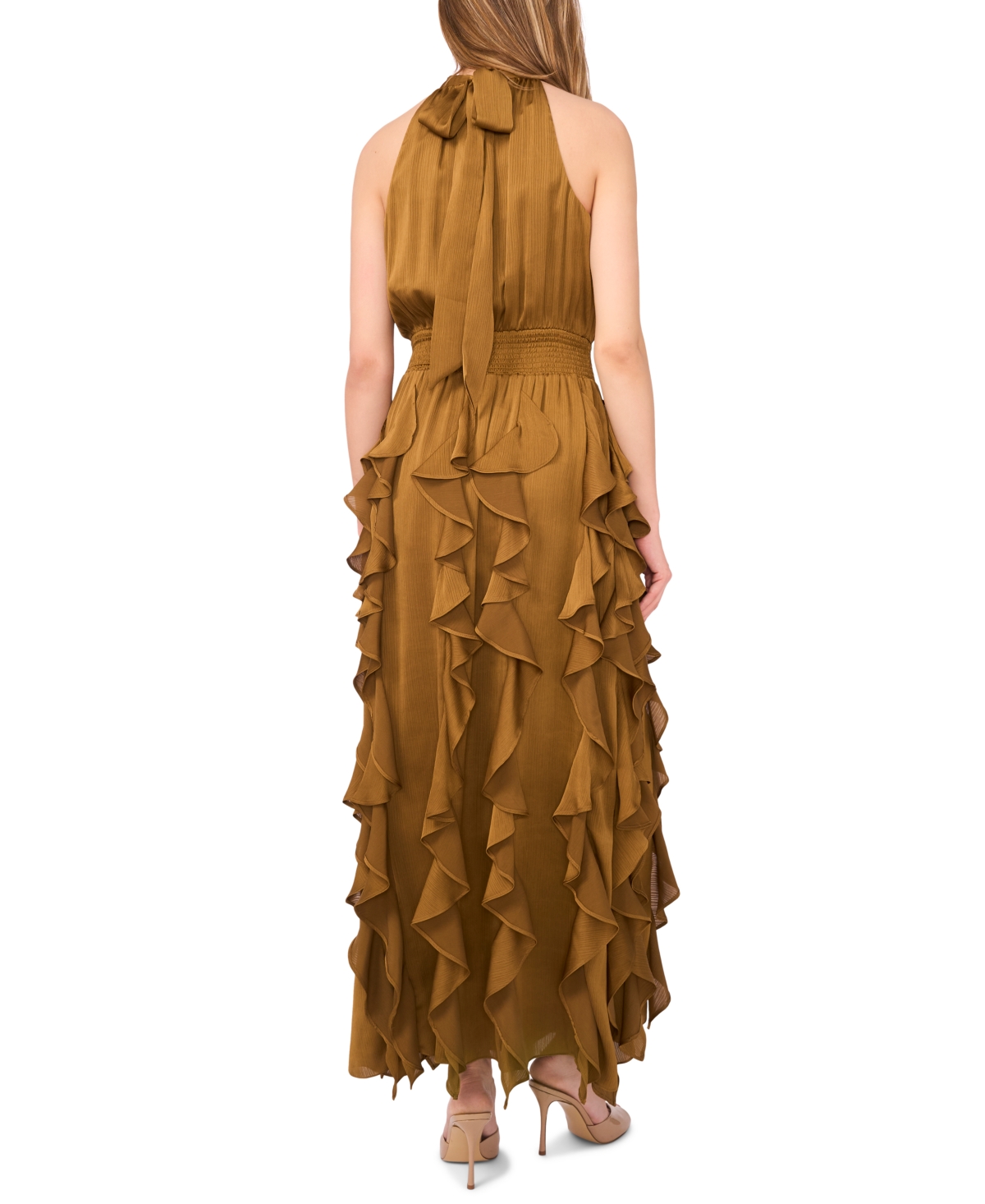 1.state Women's Smocked Cascade-Ruffle Halter Maxi Dress