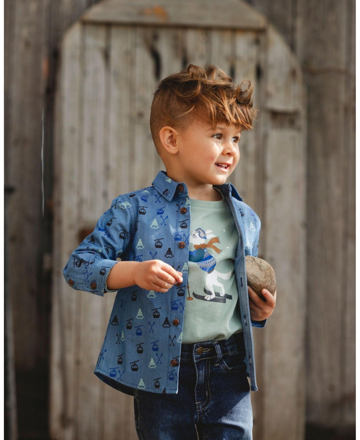 Deux par Boy Printed Long Sleeve Button Front Chambray Shirt Blue