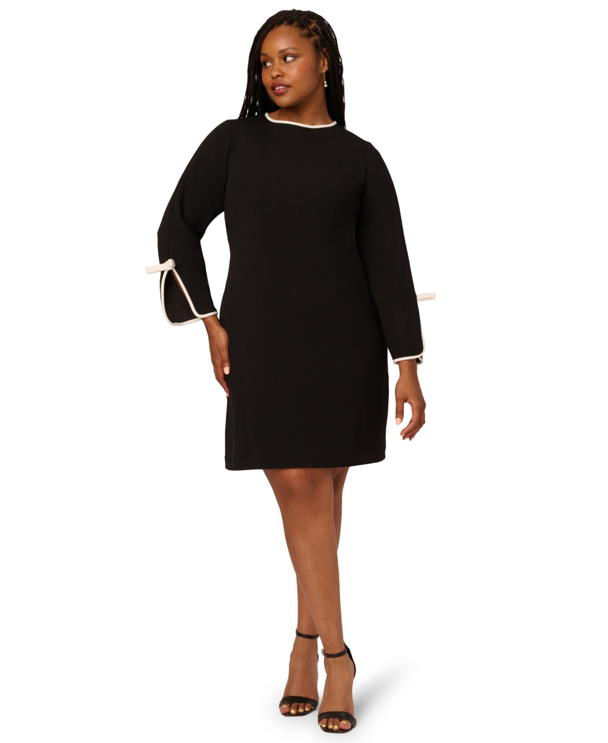 Adrianna Papell Long Sleeve Contrast Trim Crepe Dress In Black