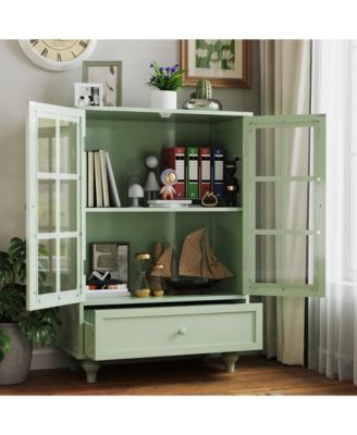 Storage Cabinet with Double Glass Doors and Drawer