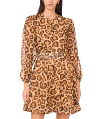 Petite Belted Animal Print Mock Neck Short Dress