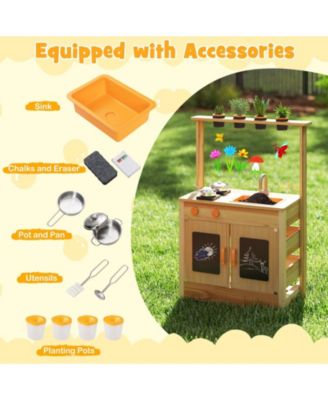 Kids Mud Kitchen Fir Wood Playset with Planting Pots and Blackboards