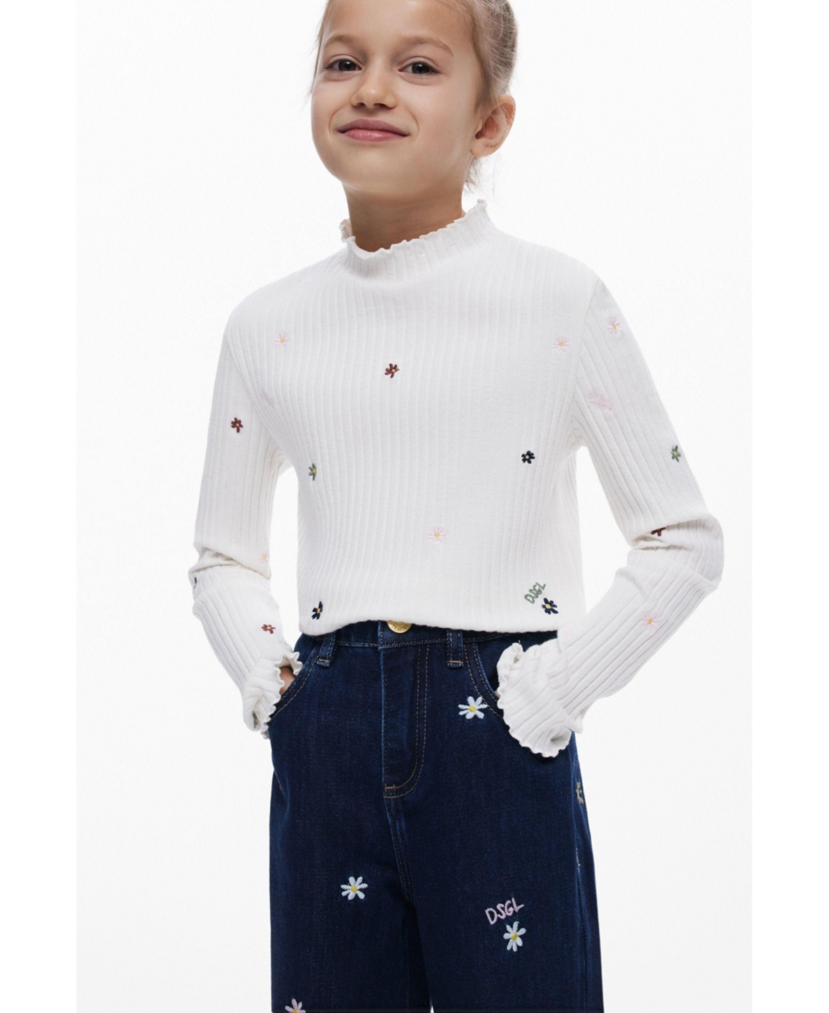 Desigual Girls's Embroidered Cropped Wide Jeans In Black