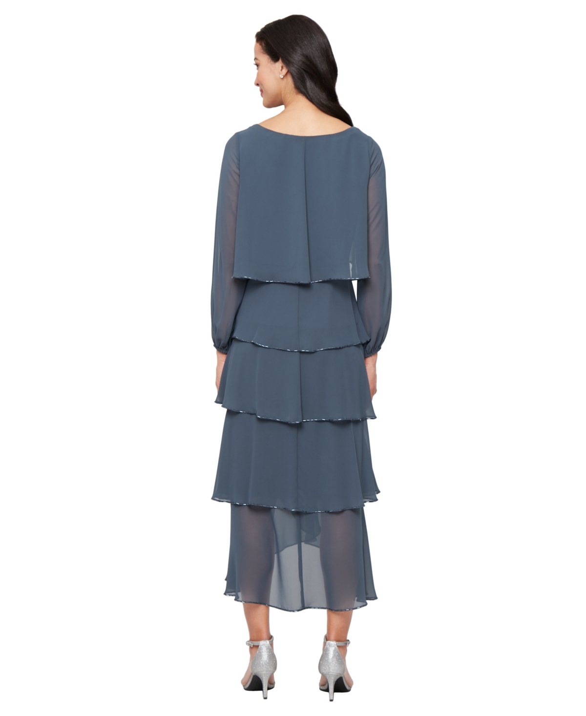 Sl Fashions Beaded Long Sleeve Tiered Cocktail Dress In Gray