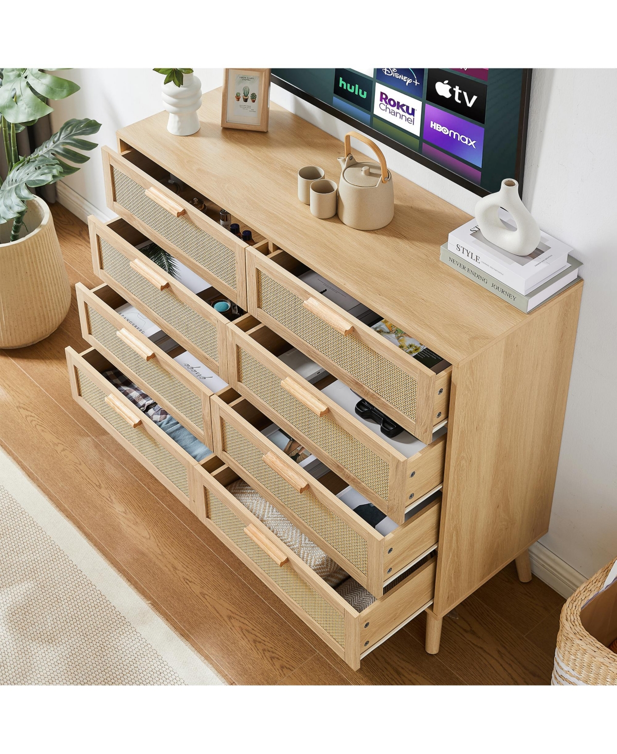 Casainc Wooden Storage Cabinet Double Dresser with rattan drawers