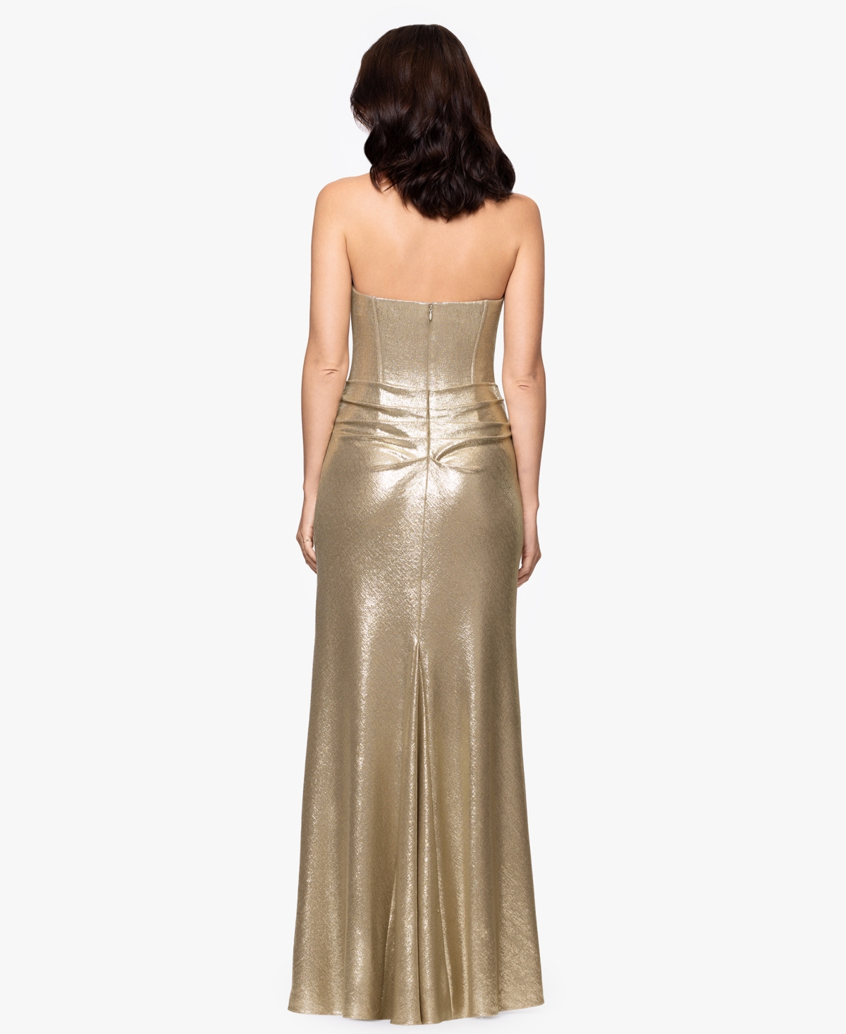 Betsy & Adam Metallic Strapless Gown In Brown