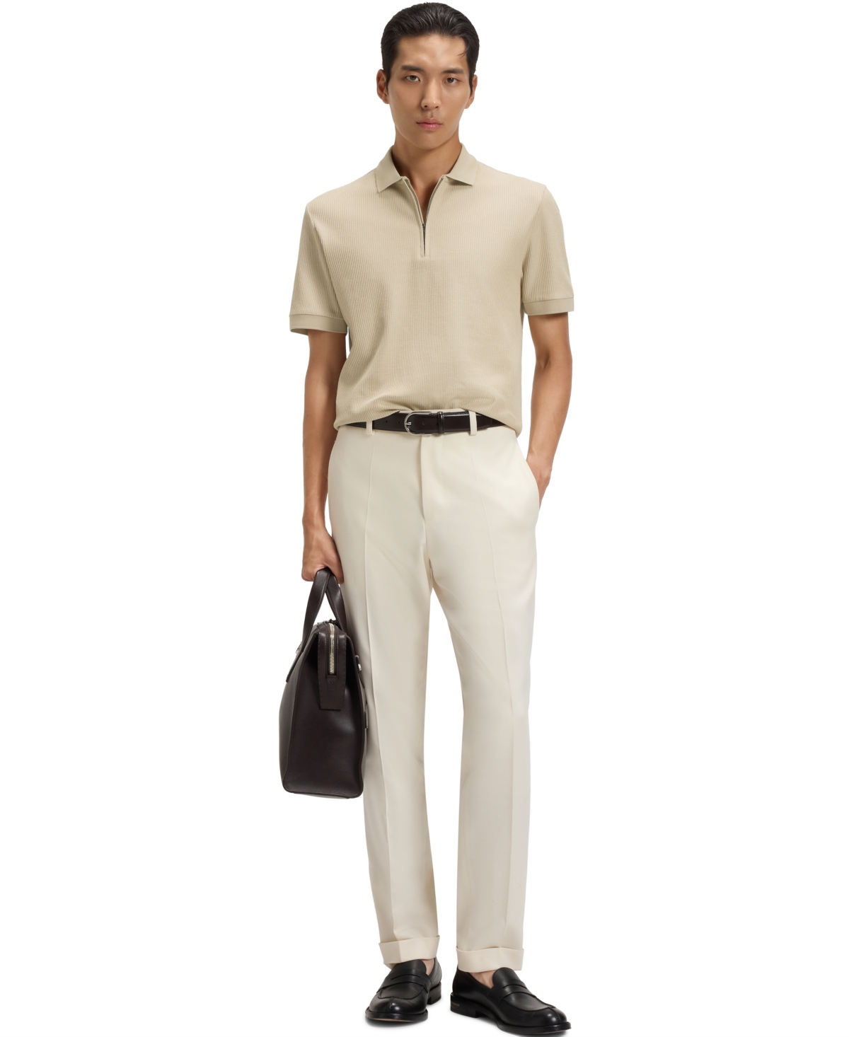 Hugo Boss Structured-cotton Polo Shirt With Zip Placket In Brown