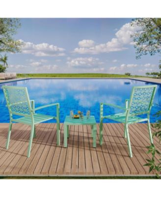 3 PCS Green Patio Bistro Set, Outdoor Stackable Steel Chairs & Square Coffee Table for Balcony, Porch, Garden, Lawn
