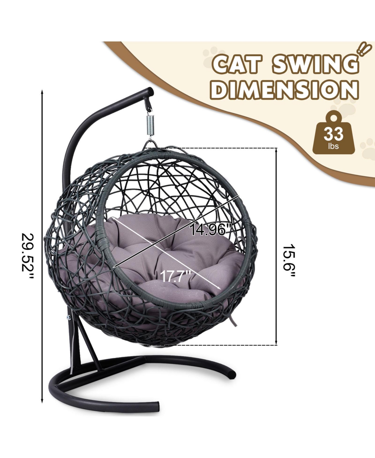 Cat Swing Bed with Stand and Cushion Indoor Outdoor Hammock for Cats and Small Pets