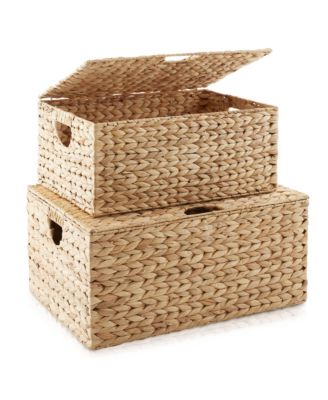 Set of 2 Water Hyacinth Storage Baskets (Medium/Large),  Multipurpose Organizer Rectangular Totes with Removable Lids
