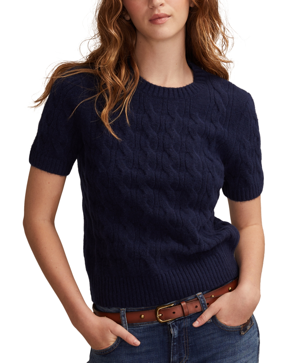 Lucky Brand Cloud Soft Cable Stitch Short Sleeve Sweater In Blue