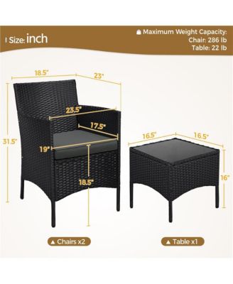 3-Piece Rattan Furniture Set with 2-Piece Woven Rattan Chairs with Cushions & 1 Side Table, Black/Gray