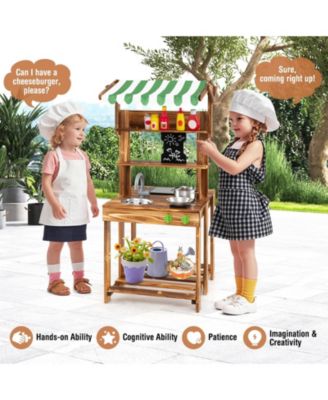Double-Sided Mud Kitchen with Canopy and Chalkboard for 3+ Years Old