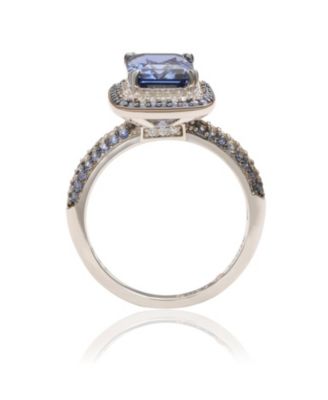 Suzy Levian Sterling Silver Sapphire and Created White Sapphire Halo Ring