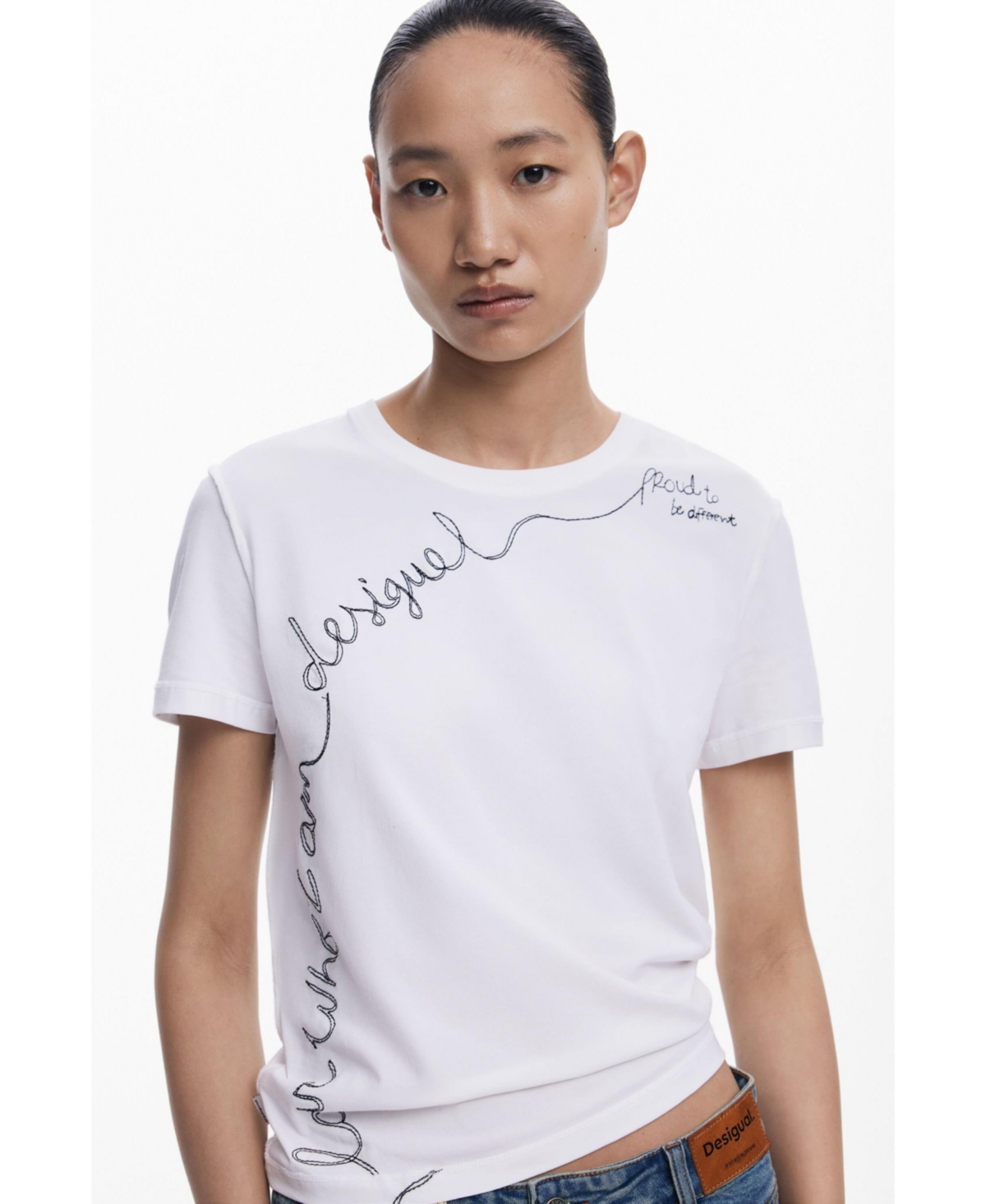 Desigual Embroidered Stretch Cotton T-shirt In White