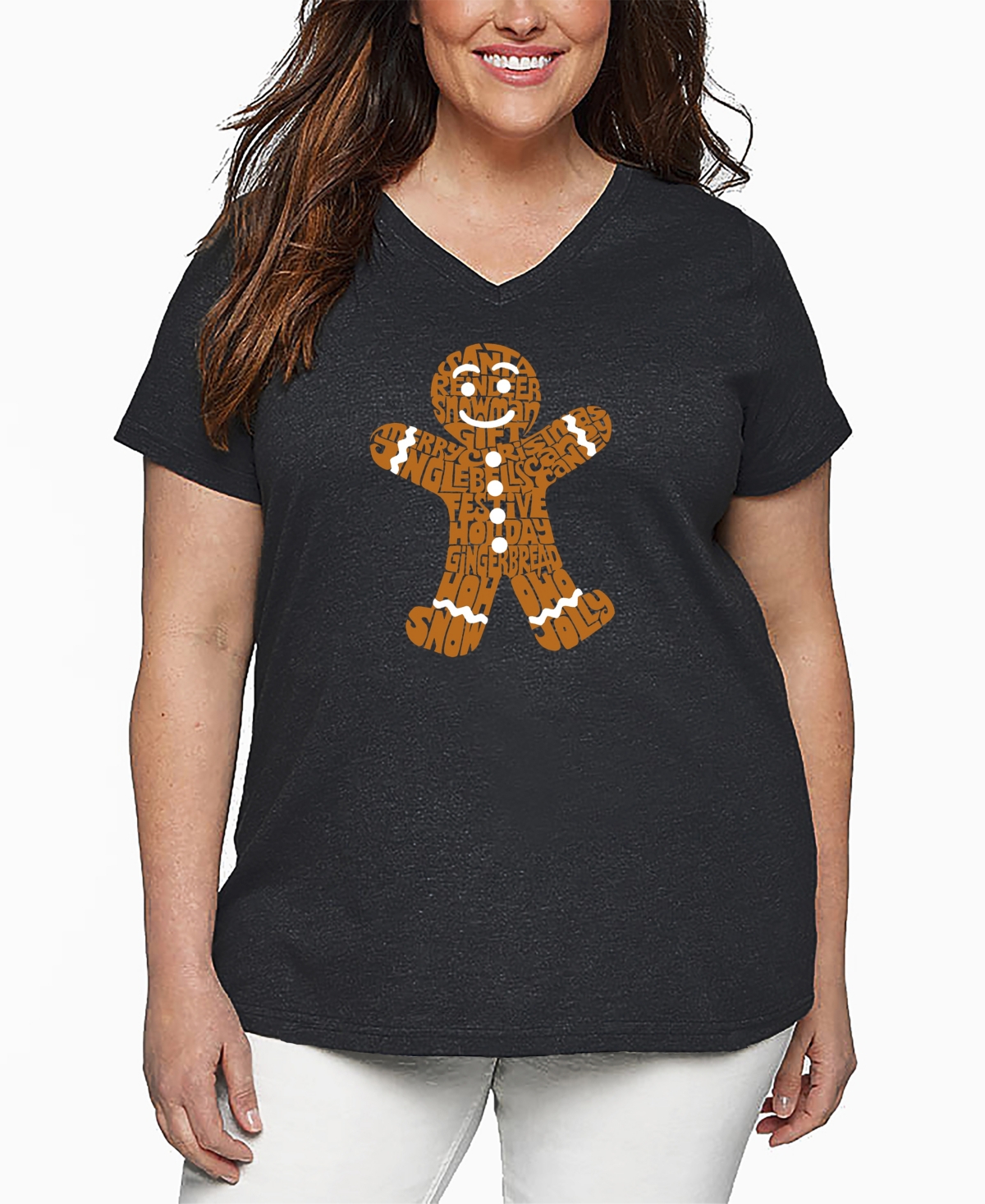 La Pop Art Plus Size Gingerbread Word Art V-neck T-shirt In Gray