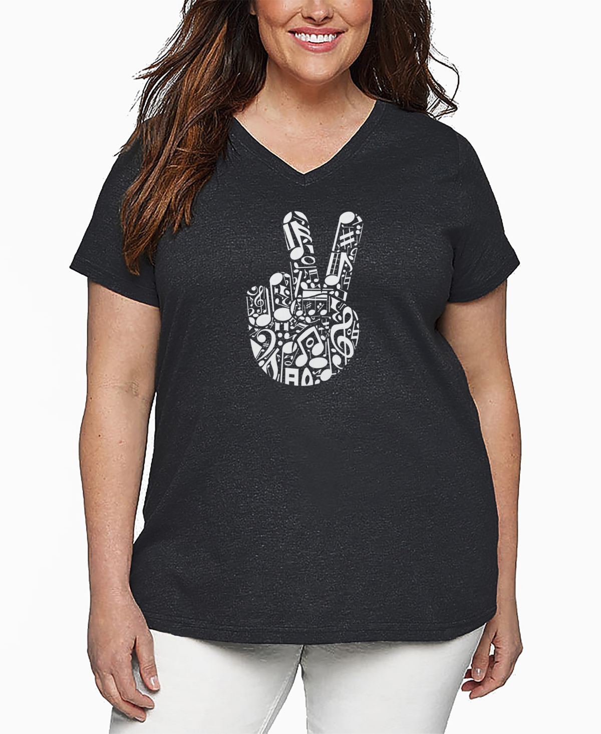 La Pop Art Plus Size Peace Finger Notes Word Art V-neck T-shirt In Gray