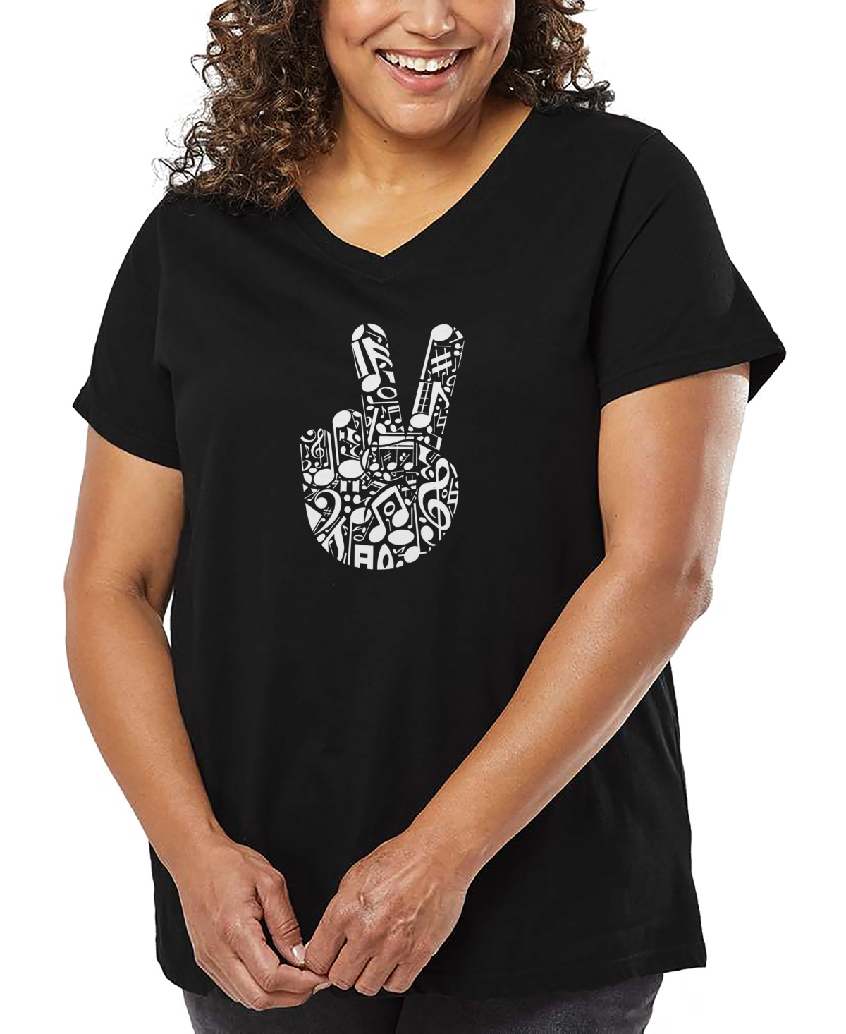La Pop Art Plus Size Peace Finger Notes Word Art V-neck T-shirt In Black