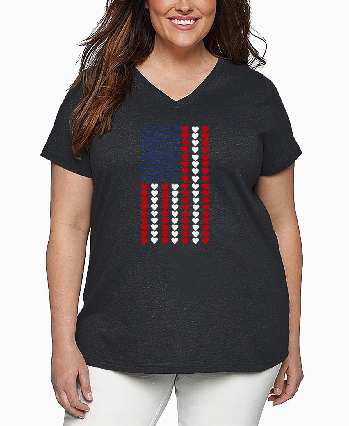 La Pop Art Plus Size Heart Flag Word Art V-neck T-shirt In Gray