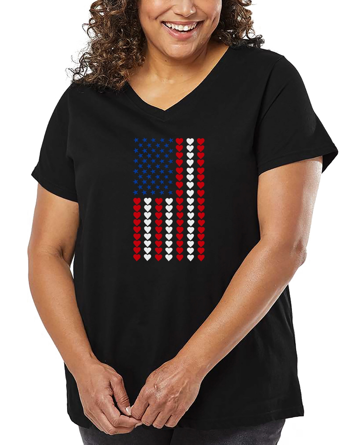 La Pop Art Plus Size Heart Flag Word Art V-neck T-shirt In Black