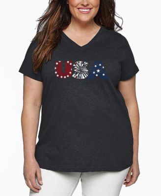 Plus Size USA Fireworks Word Art V-Neck T-Shirt