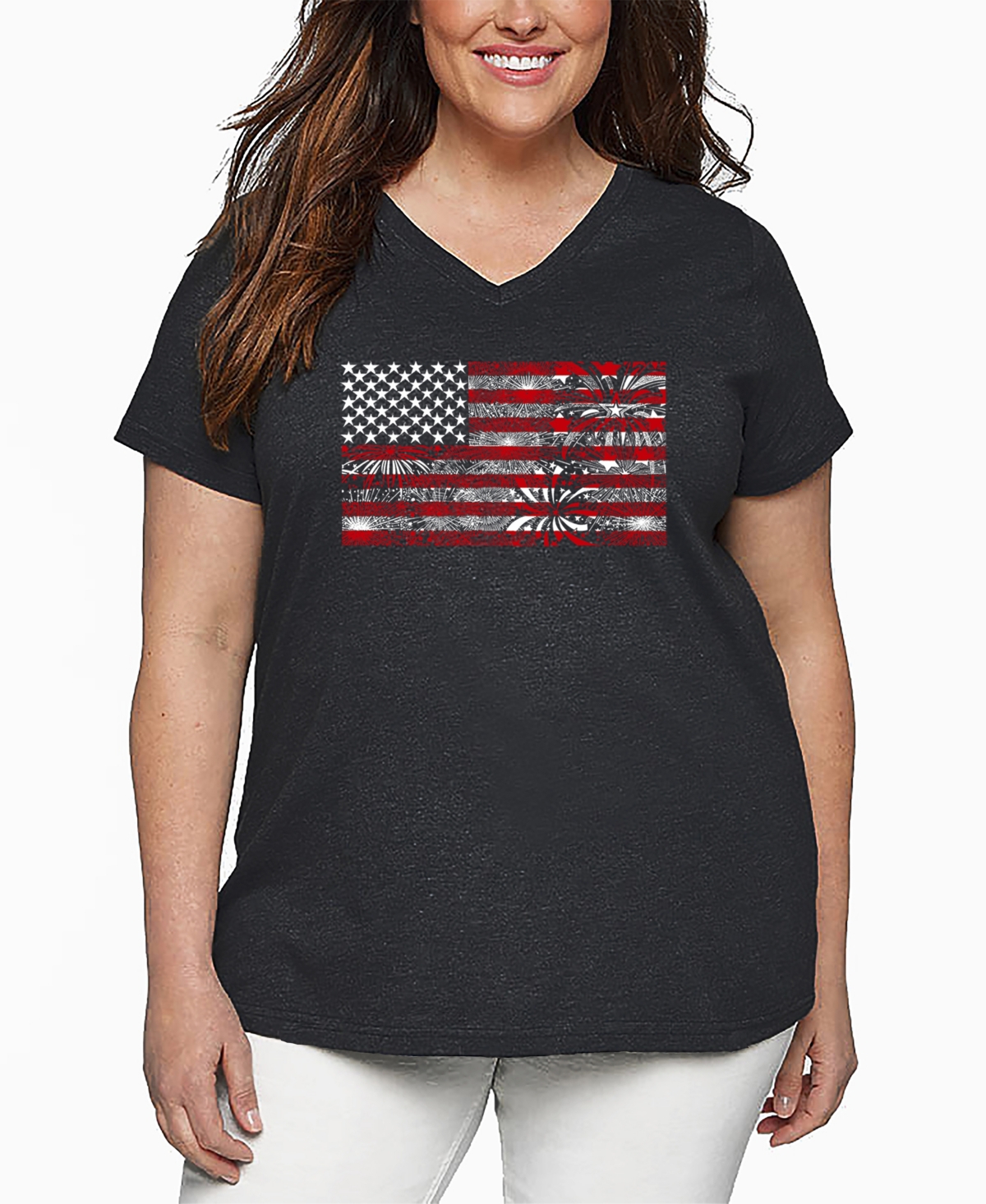 La Pop Art Plus Size Fireworks American Flag Word Art V-neck T-shirt In Gray