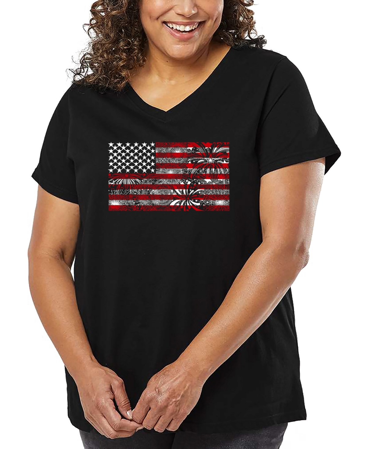 La Pop Art Plus Size Fireworks American Flag Word Art V-neck T-shirt In Black