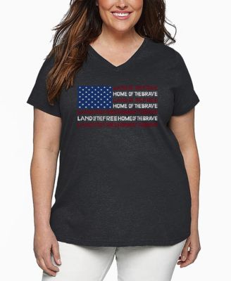 Plus Size Land of the Free American Flag Word Art V-Neck T-Shirt