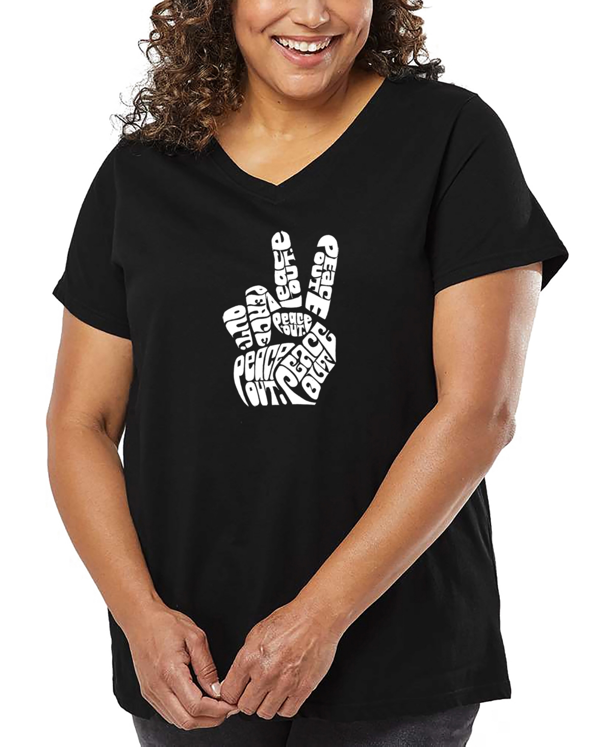 La Pop Art Plus Size Peace Out Word Art V-neck T-shirt In Black
