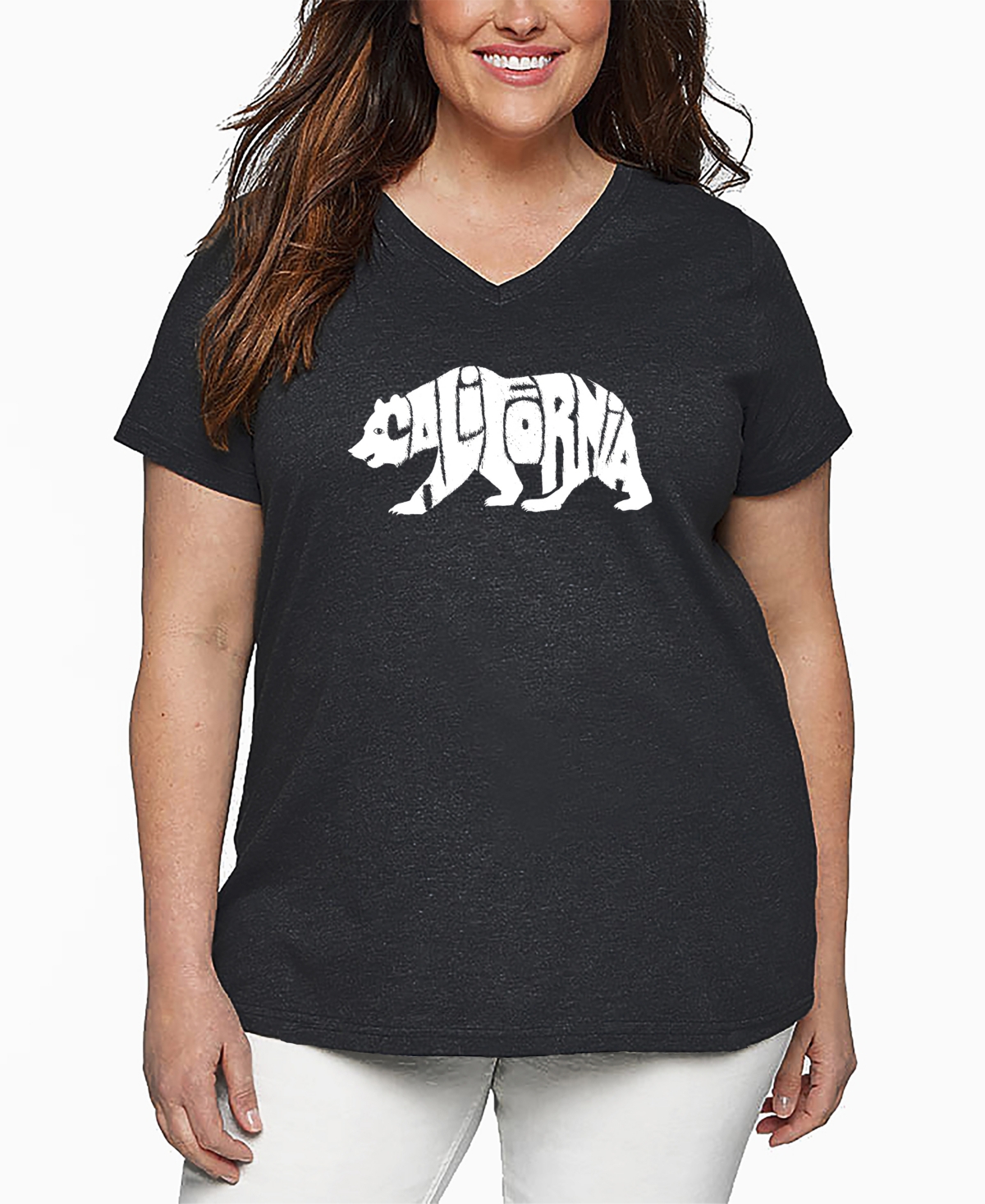 La Pop Art Plus Size California Bear Word Art V-neck T-shirt In Black