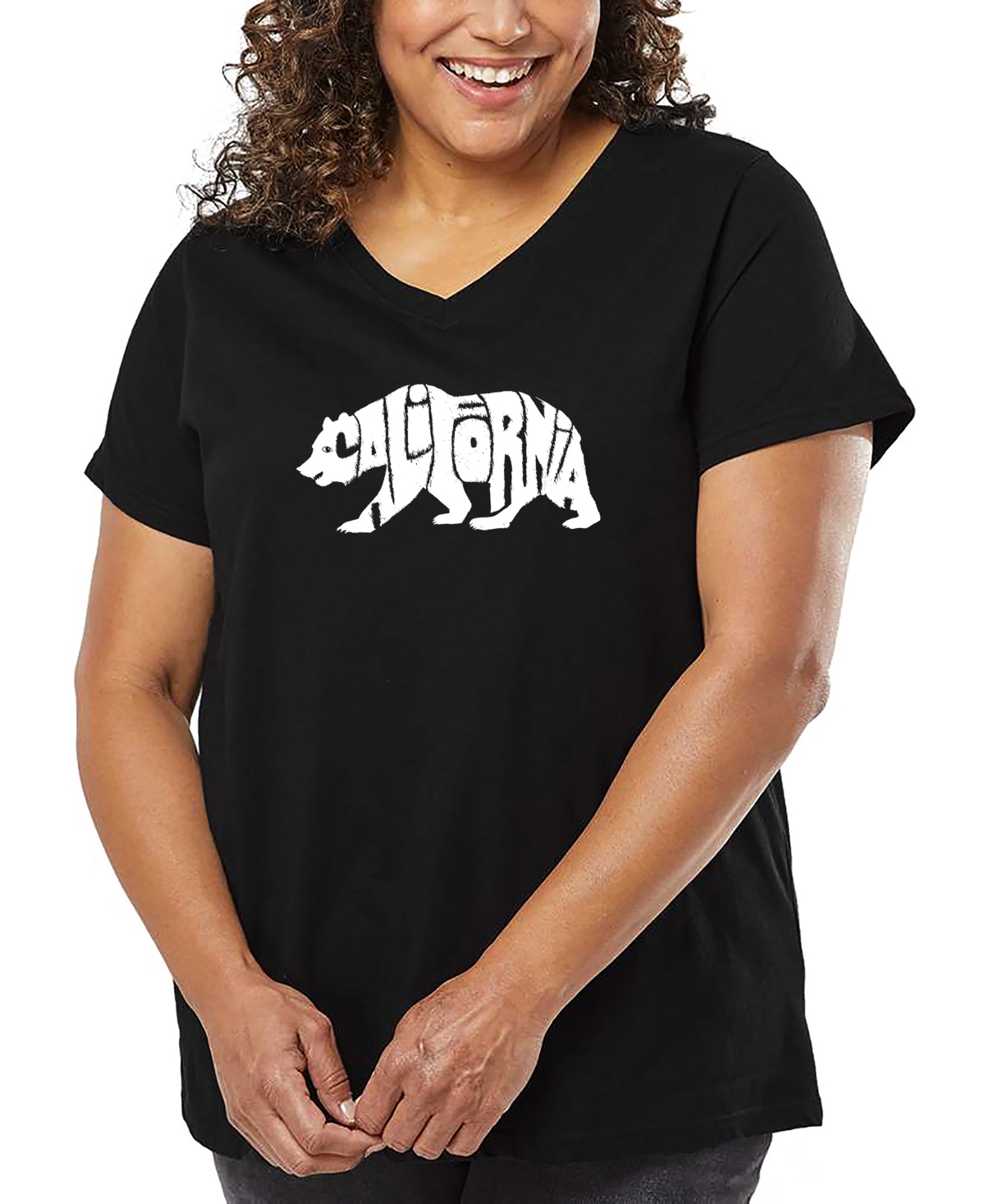 La Pop Art Plus Size California Bear Word Art V-neck T-shirt In Black