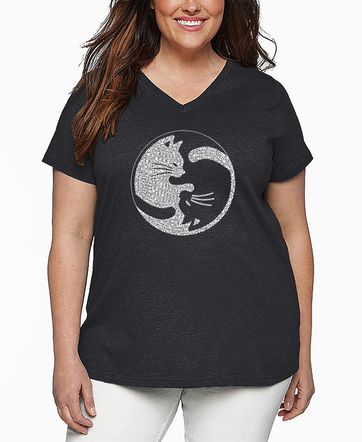La Pop Art Plus Size Yin Yang Cat Word Art V-neck T-shirt In Gray