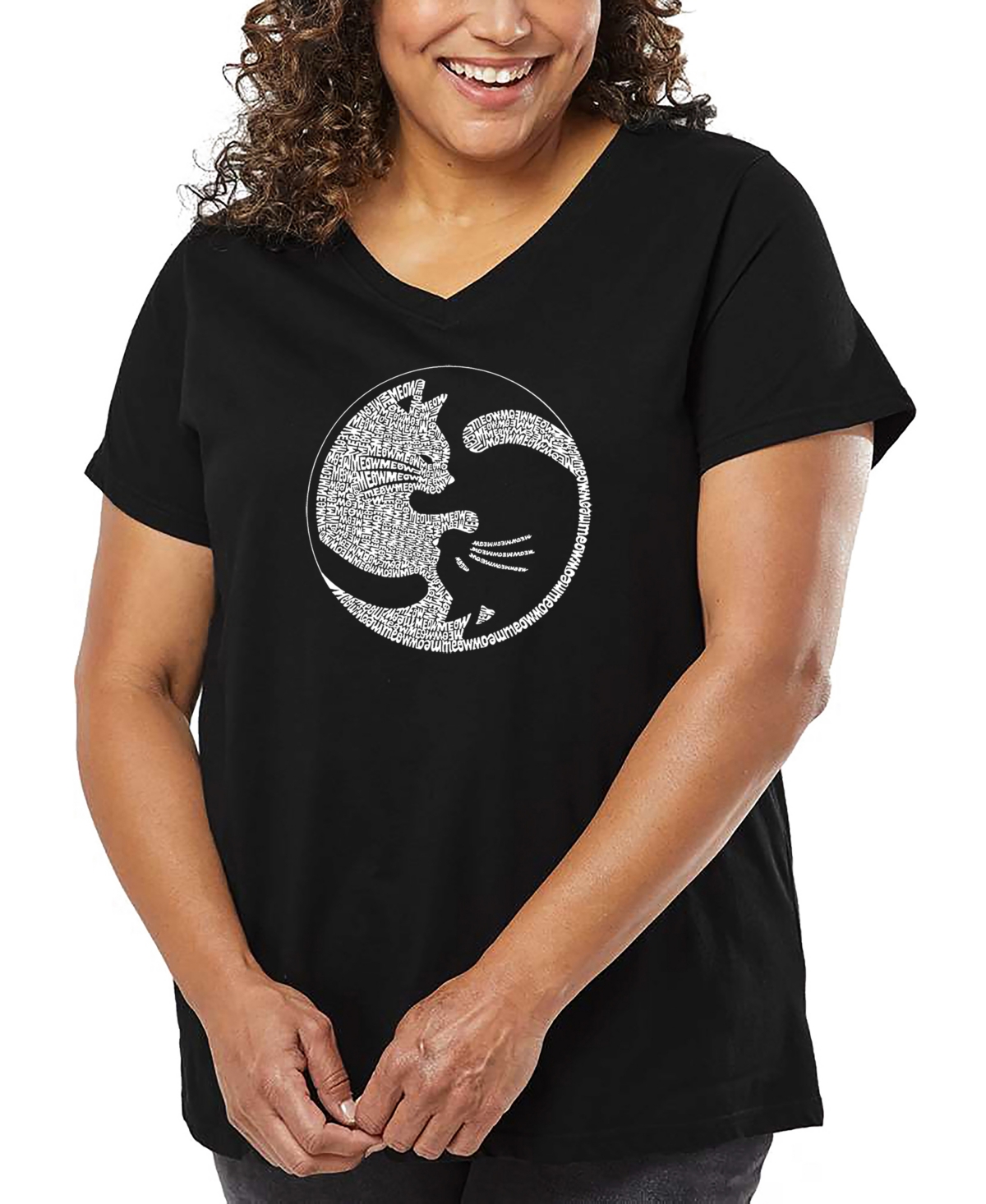 La Pop Art Plus Size Yin Yang Cat Word Art V-neck T-shirt In Black