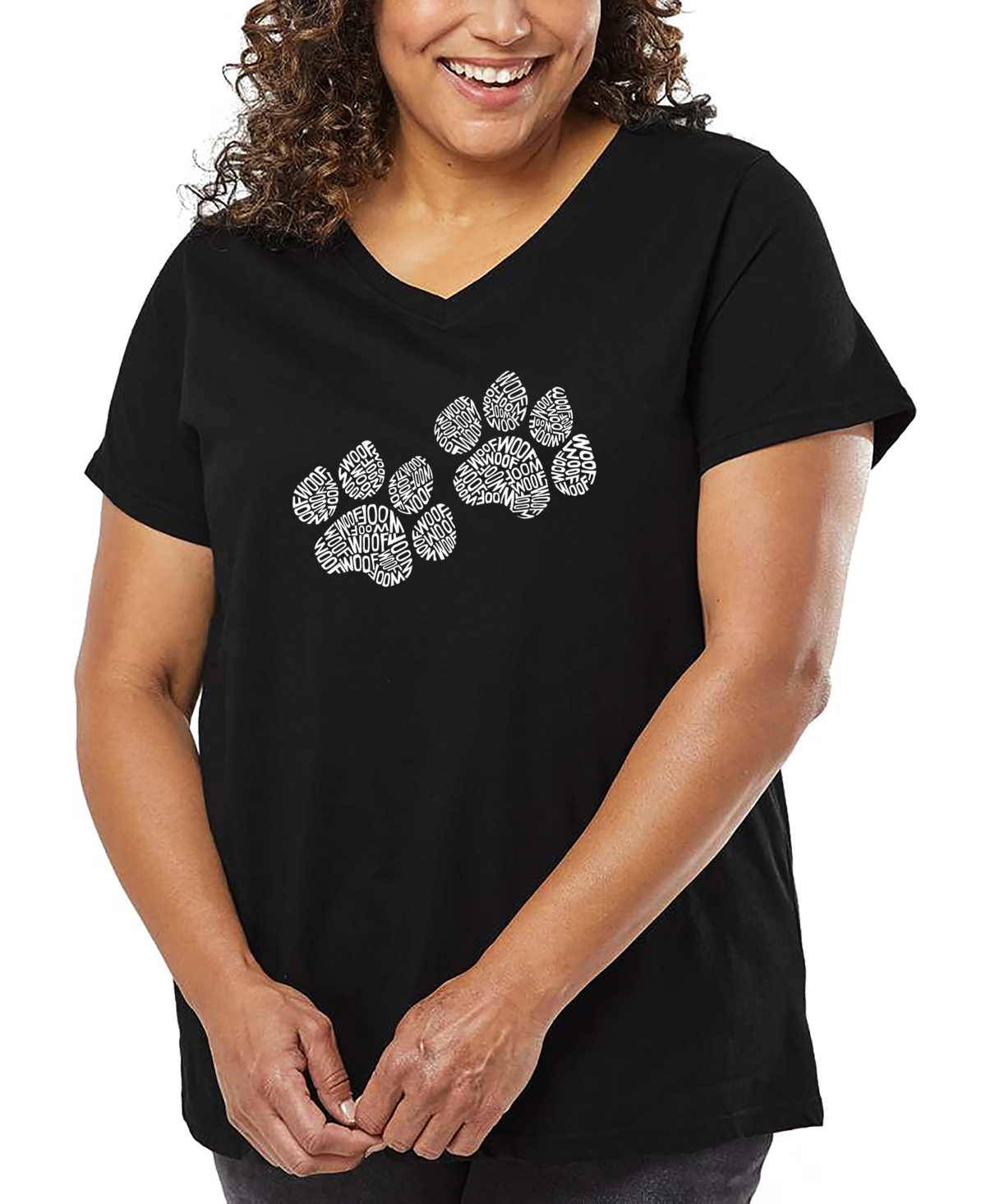 La Pop Art Plus Size Woof Paw Prints Word Art V-neck T-shirt In Animal Print
