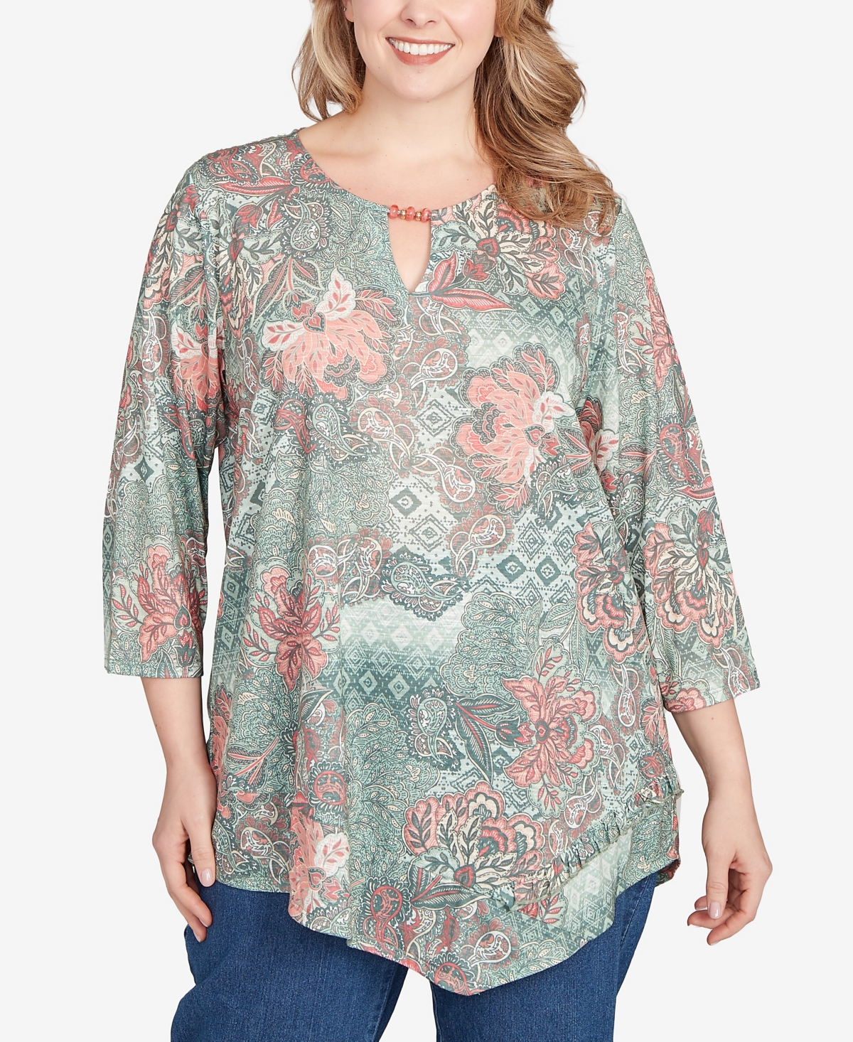 Ruby Rd. Plus Floral Patchwork Asymmetric Top
