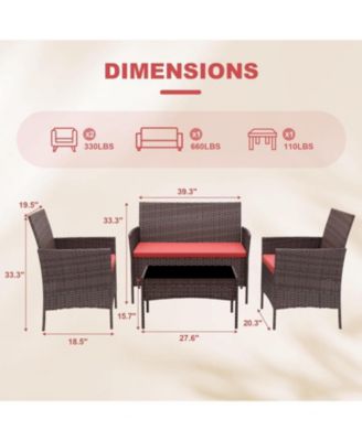 4 Pieces Brown/Red Rattan Outdoor Patio Furniture Set with Upholstered Sofa, 2 Chairs & Coffee Table for Backyard & Porch