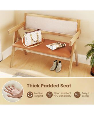 Rubber Wood Dining Bench w/Armrest Sherpa Upholstered Backrest Soft-padded Seat