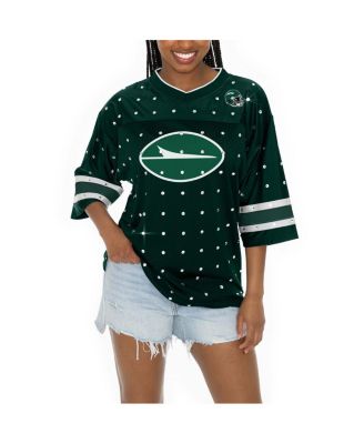 Women's Green New York Jets Kickoff Time Allover Rhinestone Sports Stripe Jersey V-Neck T-Shirt