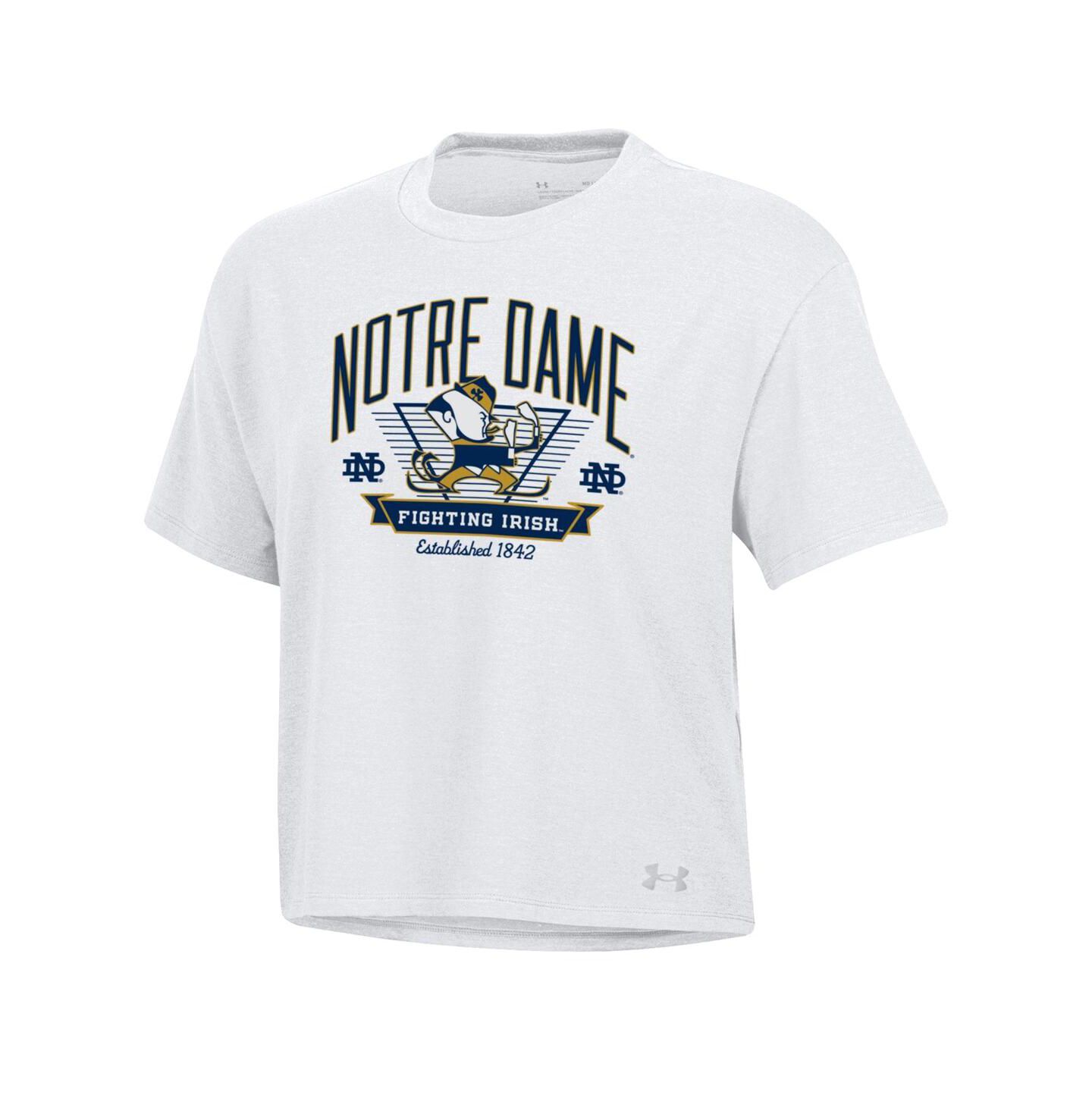 Женская футболка Under Armour White Notre Dame Fighting Irish Essentials Icon Ultra-Soft Boxy Cropped — фото 3