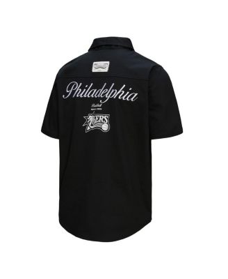 Men's Black Philadelphia 76ers Hardwood Classics Camp Shirt
