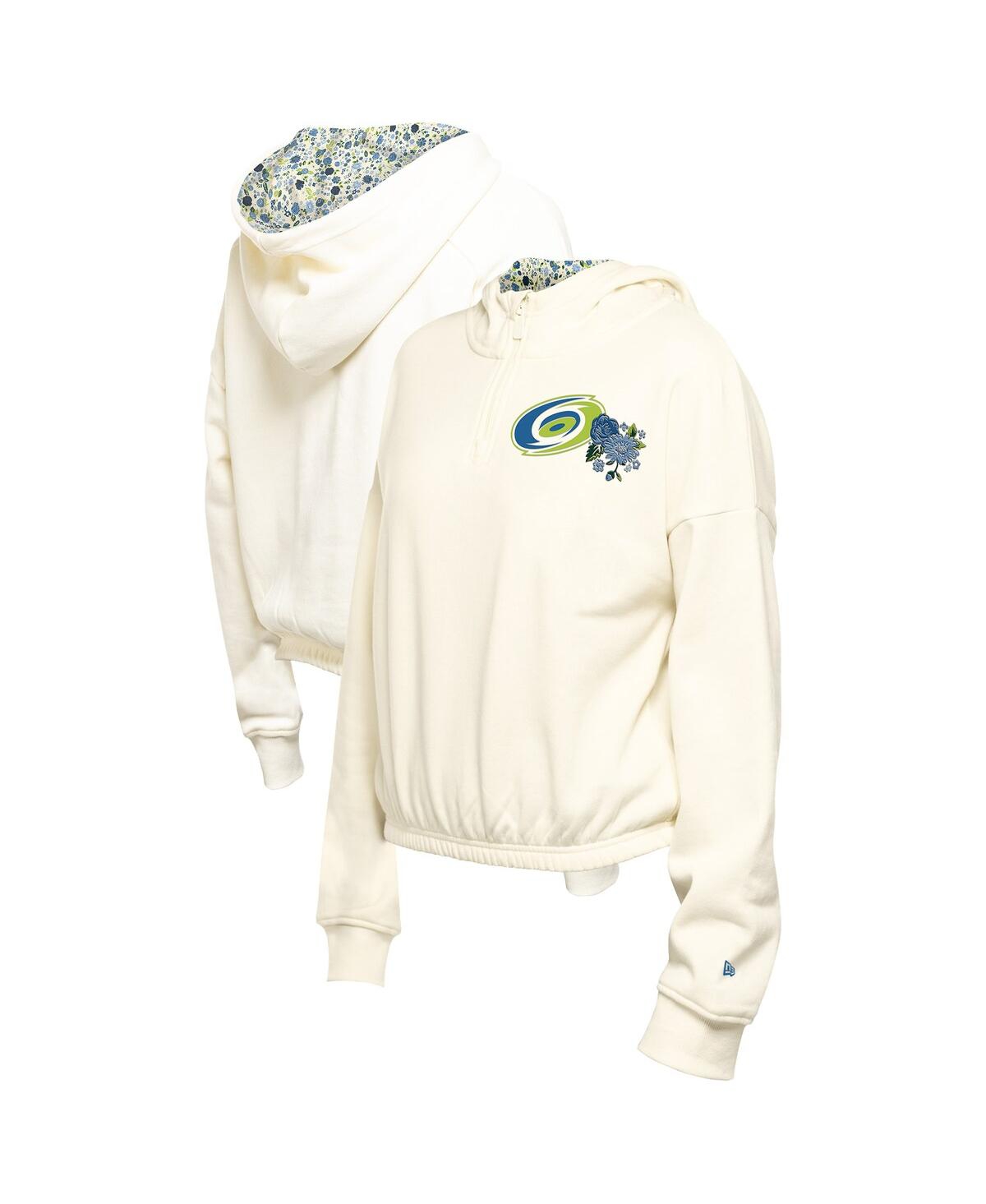 New Era Women's Cream Carolina Hurricanes Glam Game Quarter-zip Cropped Floral Hoodie Pullover Sweatshirt In Neutral