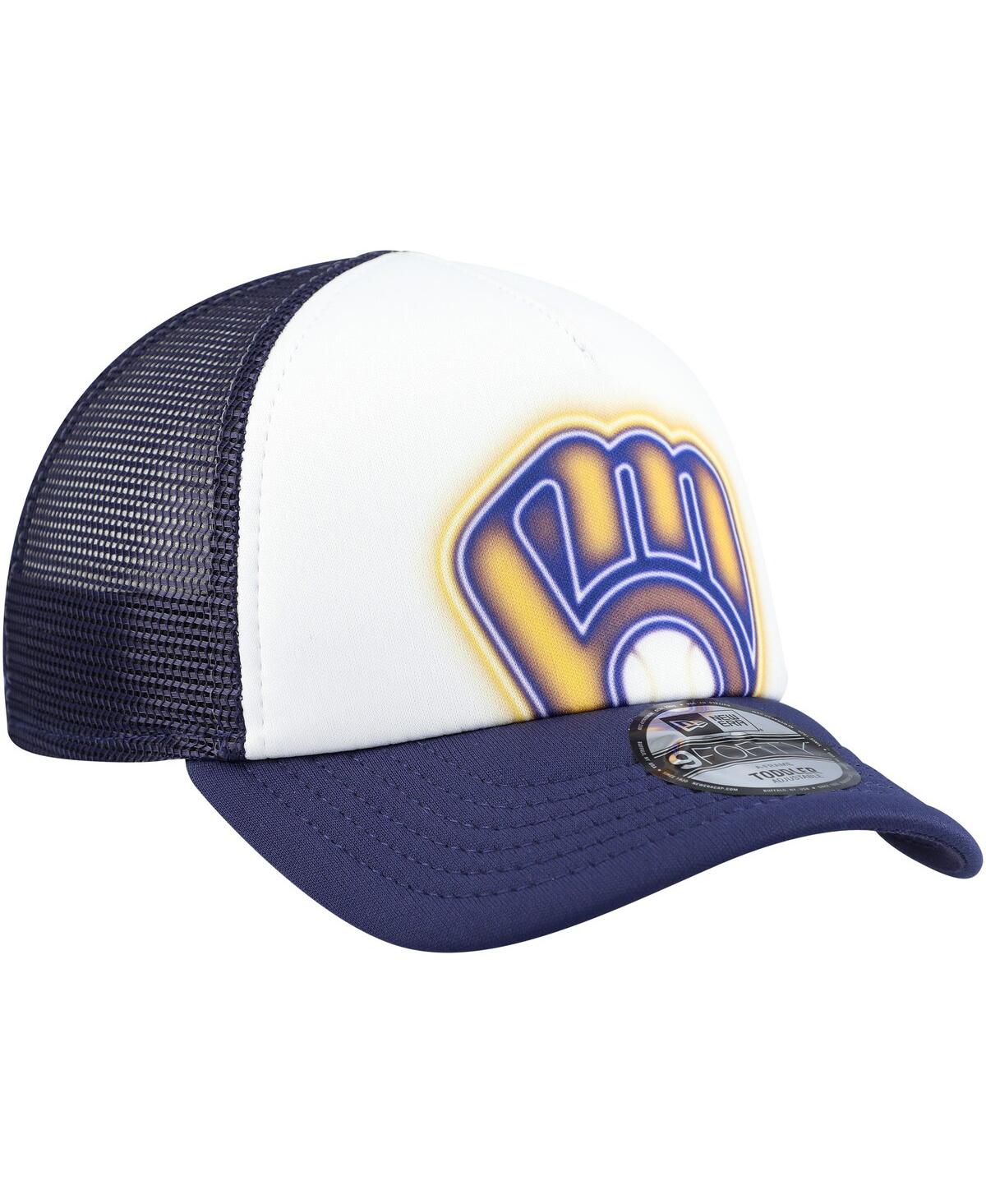 New Era Toddler White/navy Milwaukee Brewers Painted A-frame 9forty Trucker Adjustable Hat In Blue