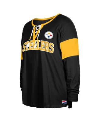Women's Black Pittsburgh Steelers Plus Size Lace-Up Notch Neck Long Sleeve T-Shirt